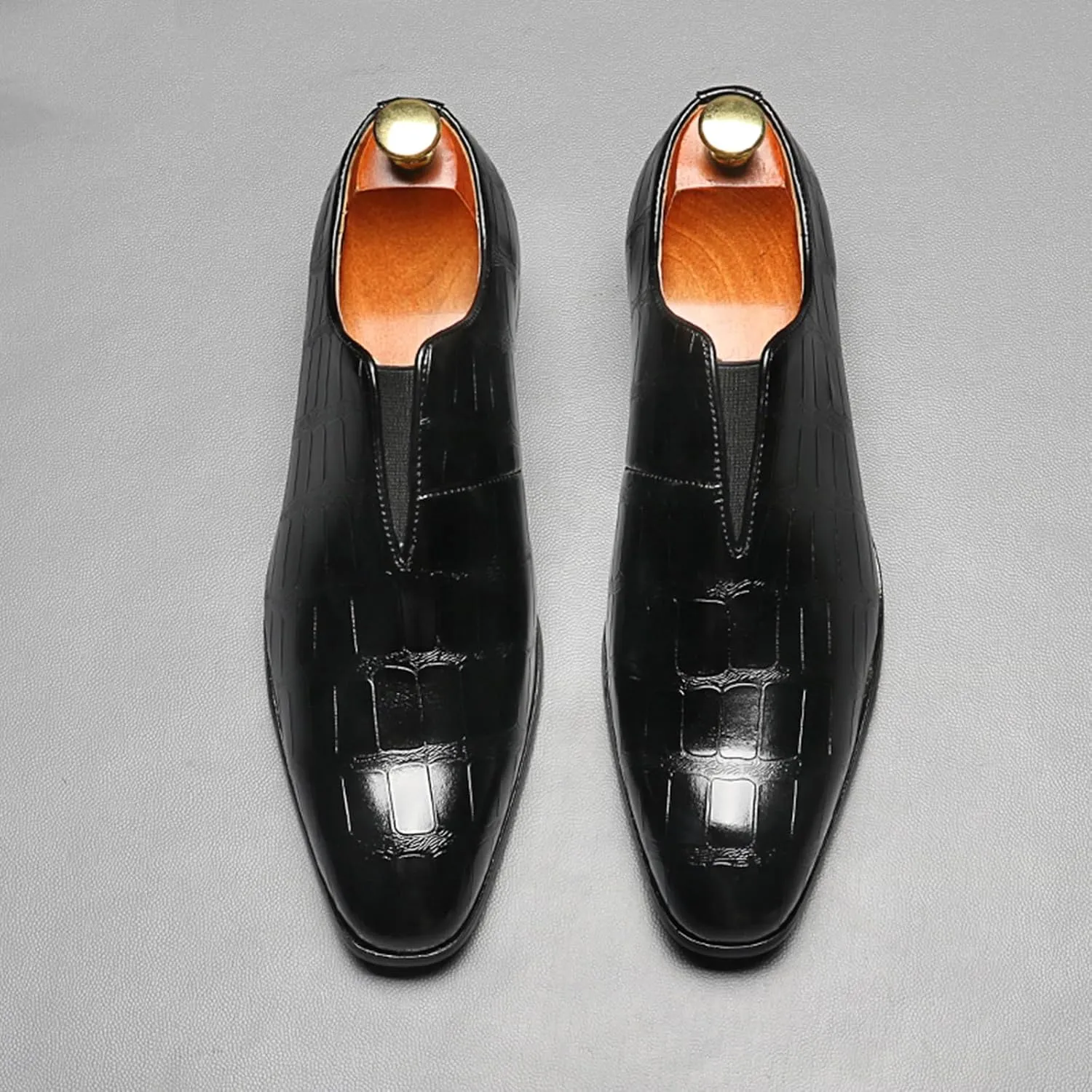 Men's Dress Shoes with Crocodile Printed Leather in Brogue Elastic Band Oxford Formal Shoes for Men