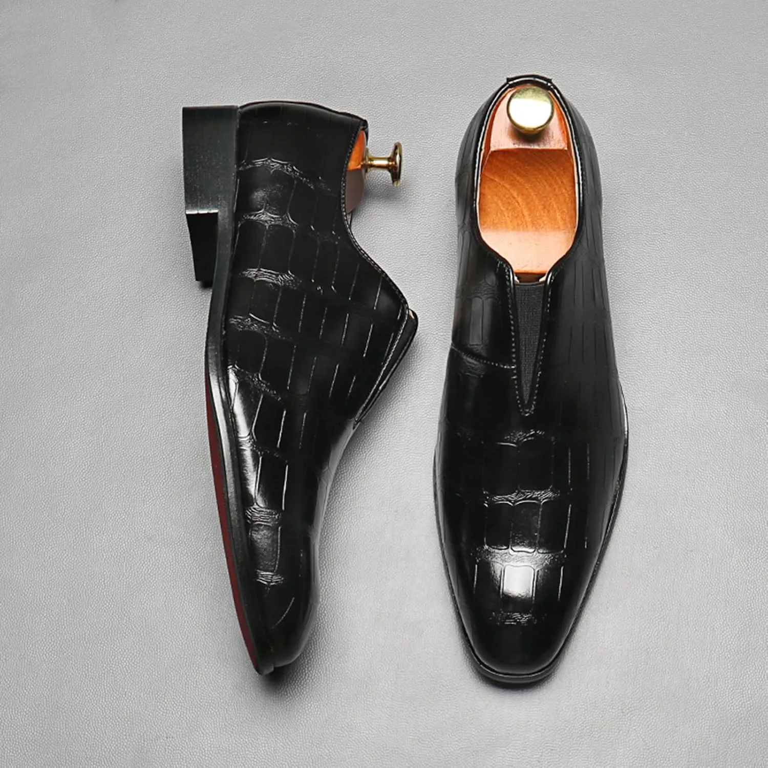 Men's Dress Shoes with Crocodile Printed Leather in Brogue Elastic Band Oxford Formal Shoes for Men