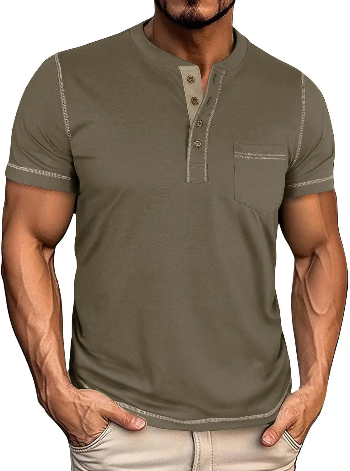 Men's Henley Shirt Soft Cotton Short Sleeve Stretchy Muscle Fit T Shirts Classic Band Collar Button Down Tee Tops