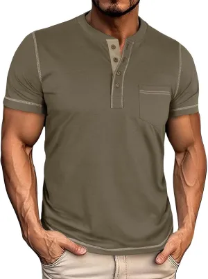 Men's Henley Shirt Soft Cotton Short Sleeve Stretchy Muscle Fit T Shirts Classic Band Collar Button Down Tee Tops