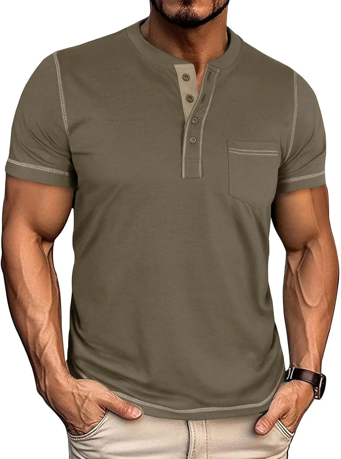 Men's Henley Shirt Soft Cotton Short Sleeve Stretchy Muscle Fit T Shirts Classic Band Collar Button Down Tee Tops