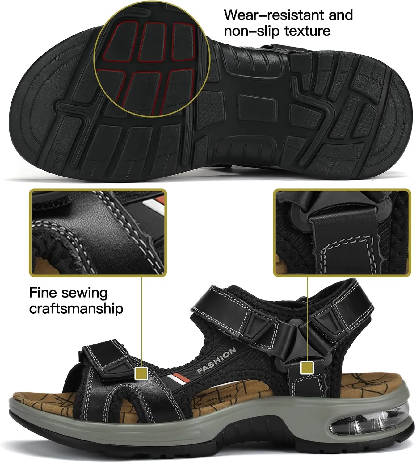 Mens Hiking Sandals Leather Air Cushion Non Slip Comfortable Beach Footwear