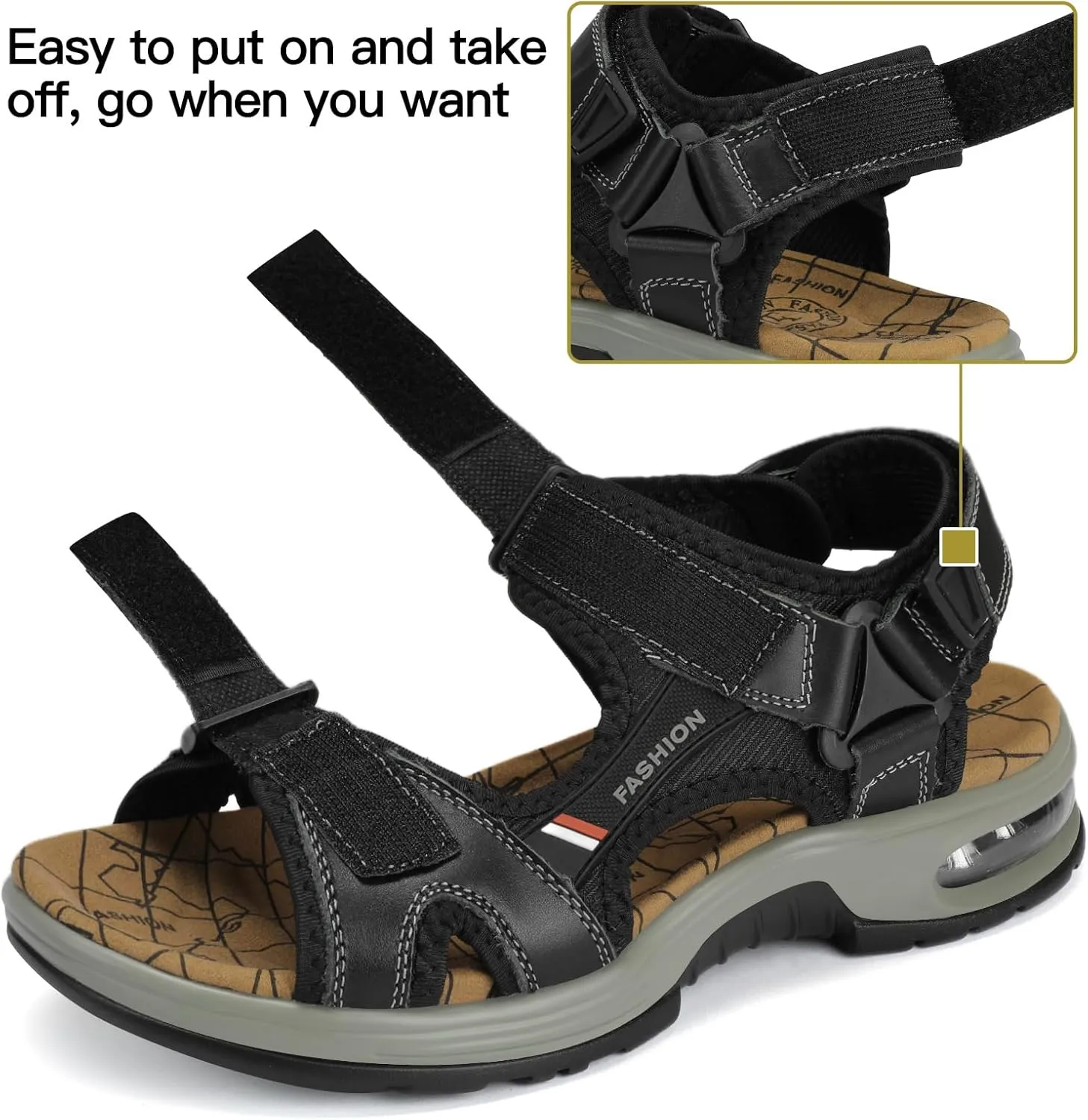 Mens Hiking Sandals Leather Air Cushion Non Slip Comfortable Beach Footwear