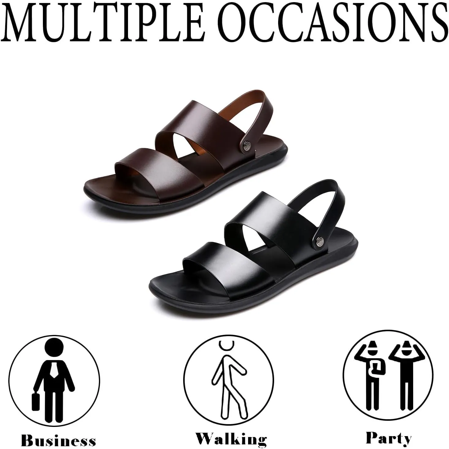 Men's Leather Dual Use Casual Flat Sandals Comfortable Breatheable Non-Slip Slip-on Summer Open Toe Beach Sandals for Outdoor Walking Hiking Driving