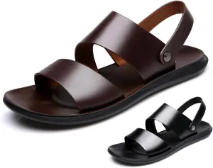 Men's Leather Dual Use Casual Flat Sandals Comfortable Breatheable Non-Slip Slip-on Summer Open Toe Beach Sandals for Outdoor Walking Hiking Driving