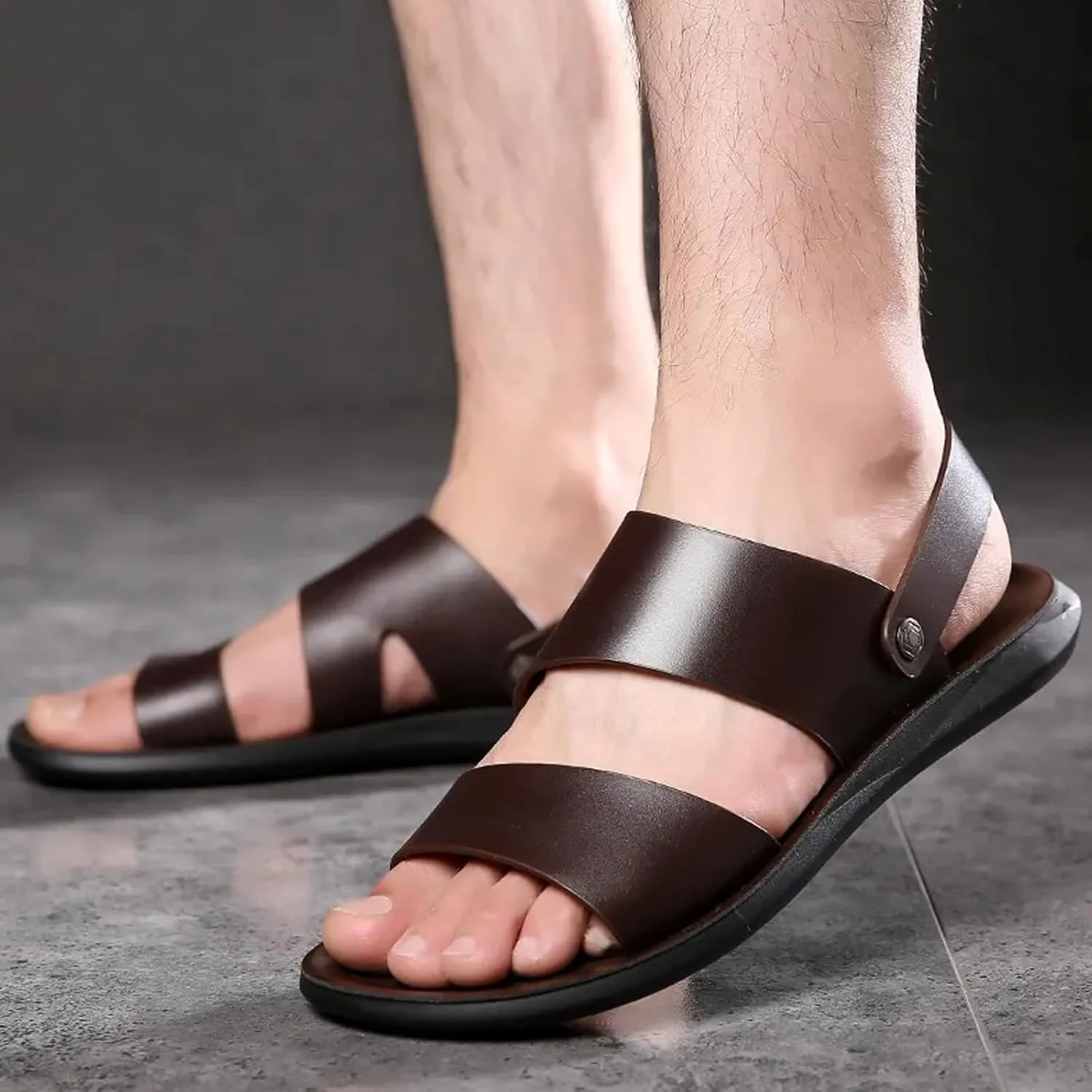 Men's Leather Dual Use Casual Flat Sandals Comfortable Breatheable Non-Slip Slip-on Summer Open Toe Beach Sandals for Outdoor Walking Hiking Driving