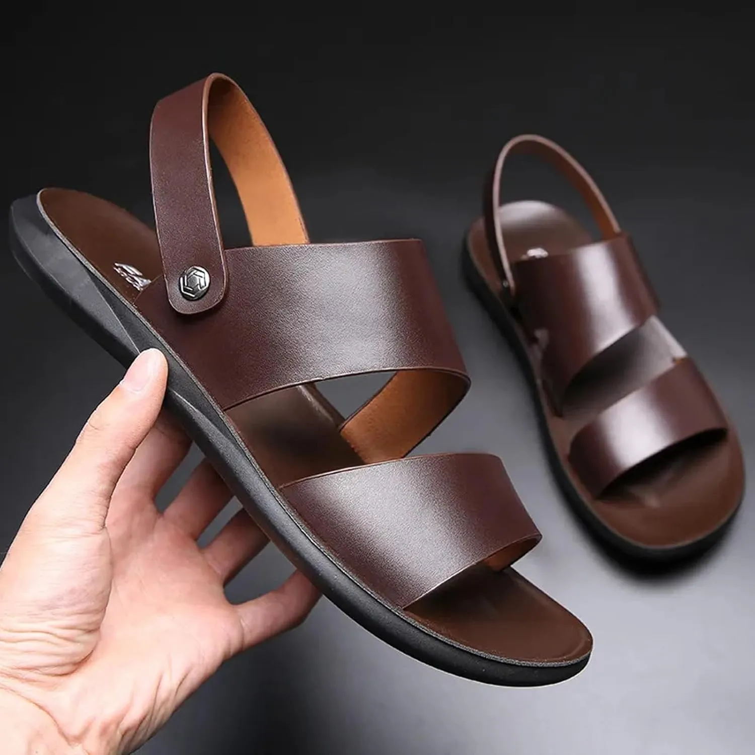 Men's Leather Dual Use Casual Flat Sandals Comfortable Breatheable Non-Slip Slip-on Summer Open Toe Beach Sandals for Outdoor Walking Hiking Driving