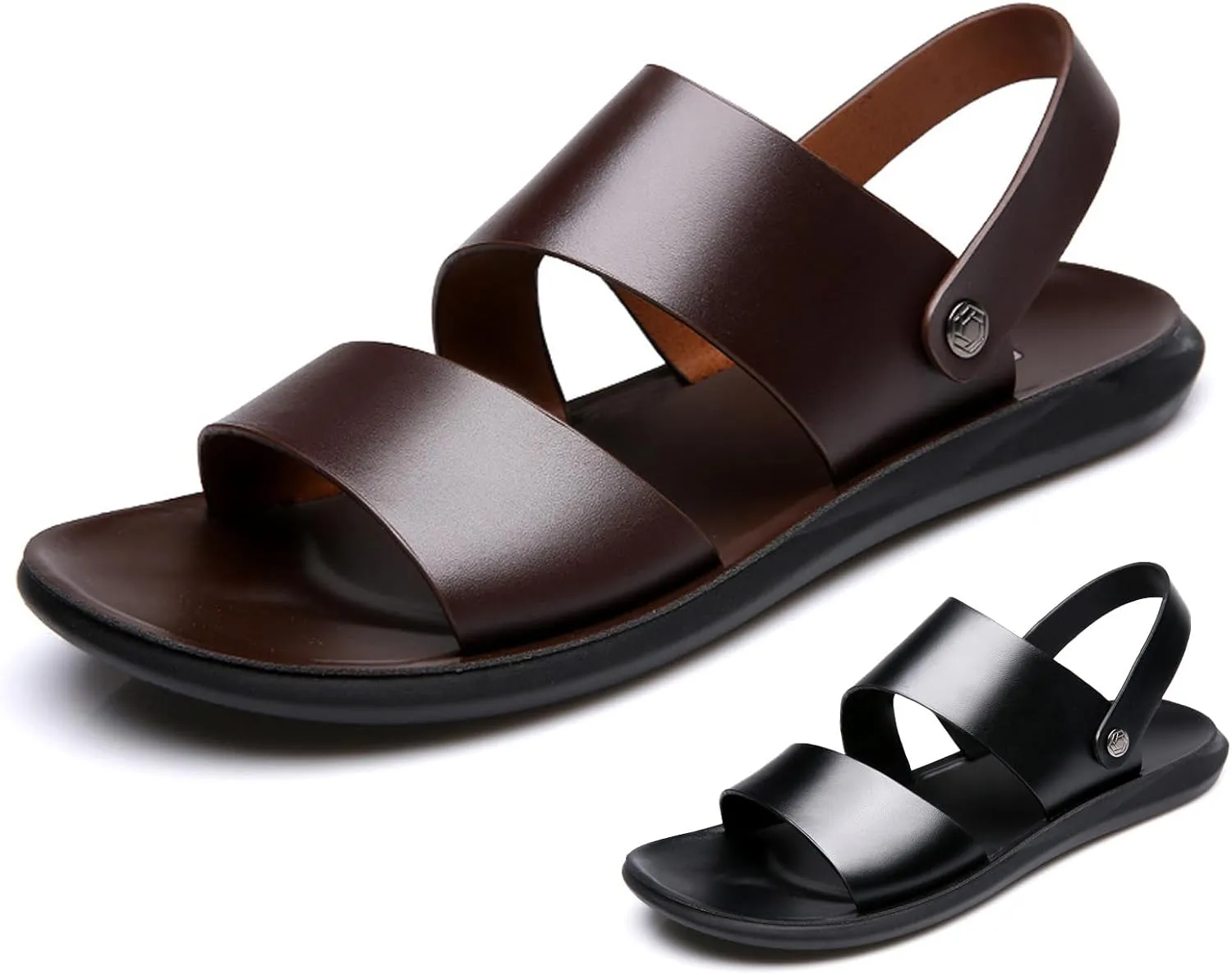 Men's Leather Dual Use Casual Flat Sandals Comfortable Breatheable Non-Slip Slip-on Summer Open Toe Beach Sandals for Outdoor Walking Hiking Driving
