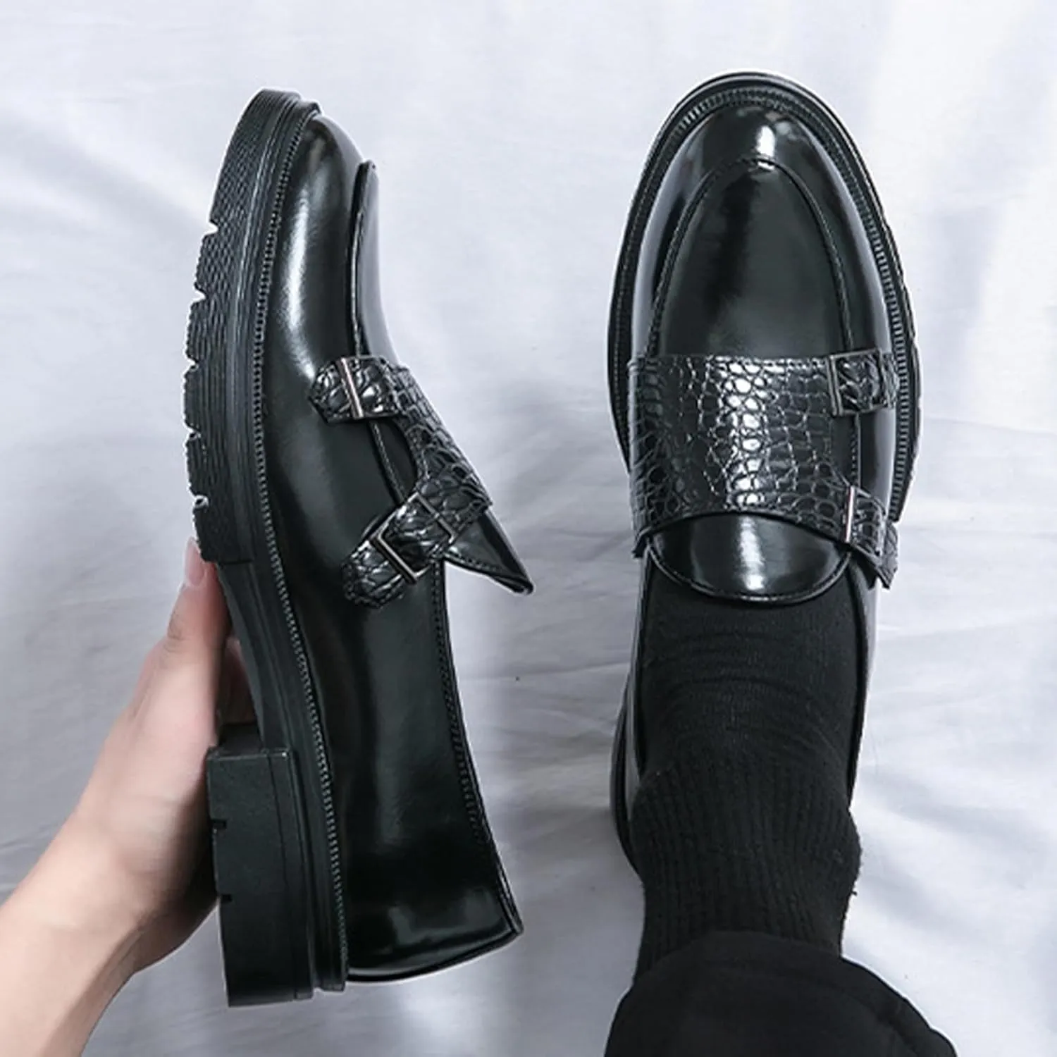 Men's Leather Platform Slip on Loafers with Dual Buckle Decor Luxury Round Toe Lug Sole Non-Slip Dress Shoes Casual Low Block Heel Business Work Office Shoes