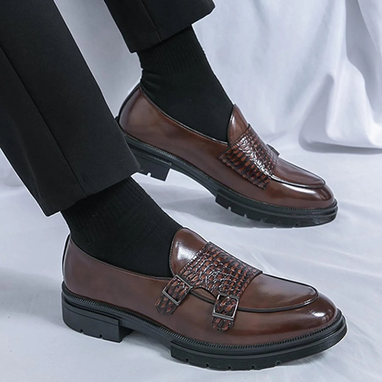 Men's Leather Platform Slip on Loafers with Dual Buckle Decor Luxury Round Toe Lug Sole Non-Slip Dress Shoes Casual Low Block Heel Business Work Office Shoes