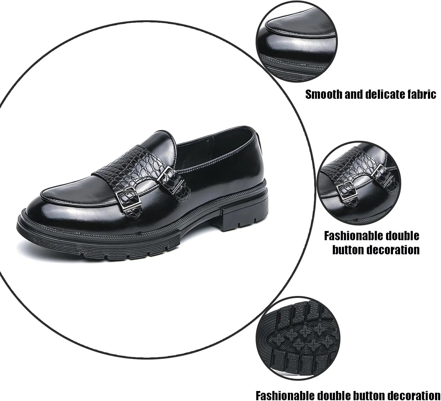 Men's Leather Platform Slip on Loafers with Dual Buckle Decor Luxury Round Toe Lug Sole Non-Slip Dress Shoes Casual Low Block Heel Business Work Office Shoes