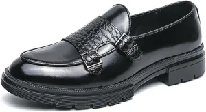 Men's Leather Platform Slip on Loafers with Dual Buckle Decor Luxury Round Toe Lug Sole Non-Slip Dress Shoes Casual Low Block Heel Business Work Office Shoes