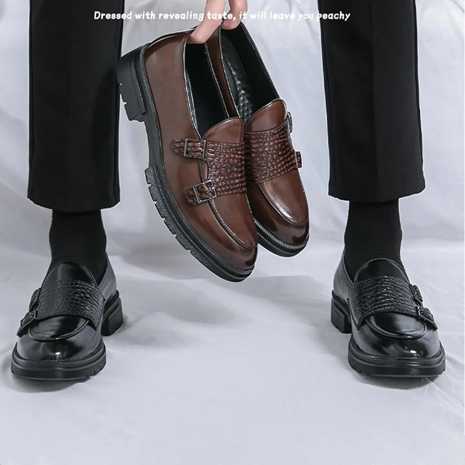 Men's Leather Platform Slip on Loafers with Dual Buckle Decor Luxury Round Toe Lug Sole Non-Slip Dress Shoes Casual Low Block Heel Business Work Office Shoes