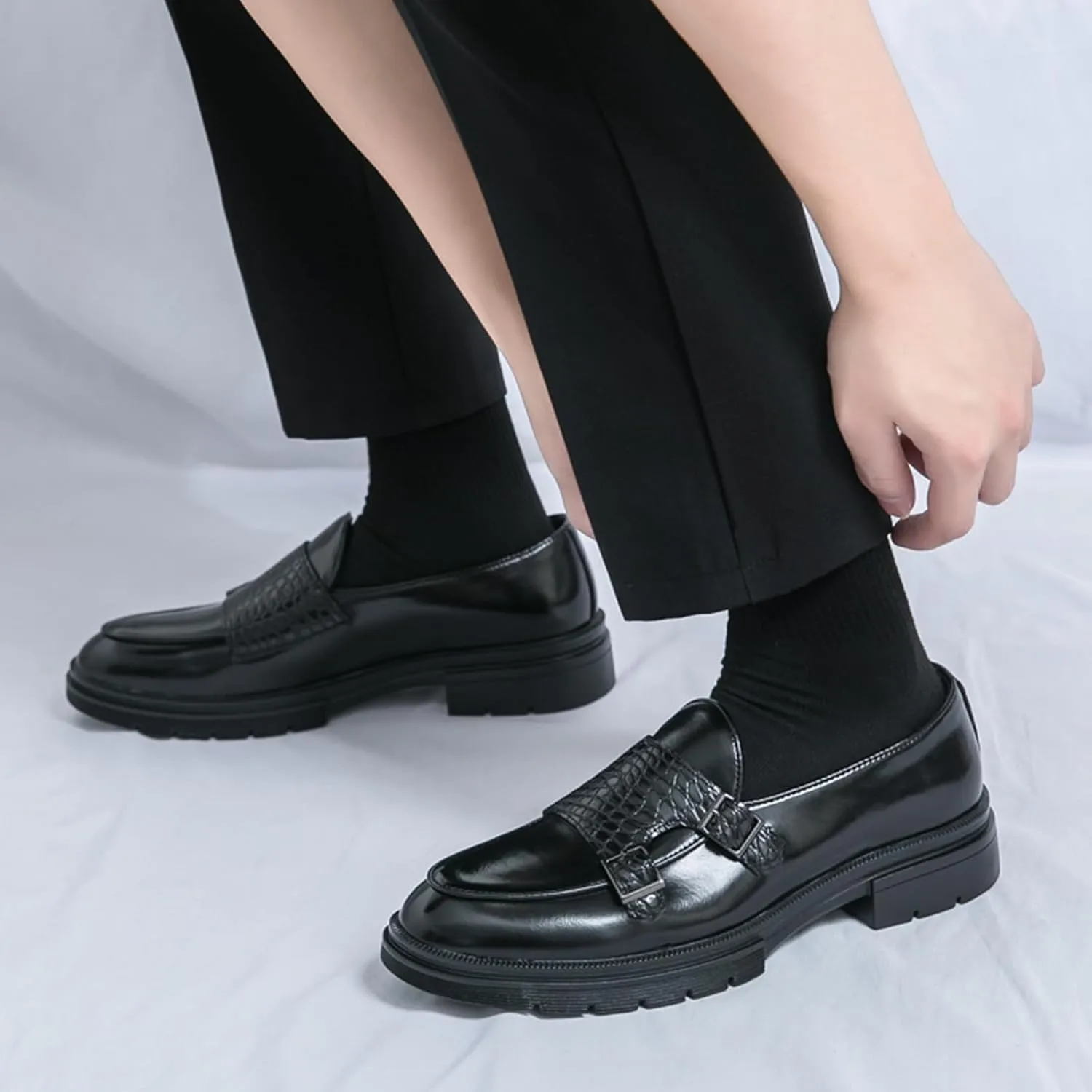 Men's Leather Platform Slip on Loafers with Dual Buckle Decor Luxury Round Toe Lug Sole Non-Slip Dress Shoes Casual Low Block Heel Business Work Office Shoes