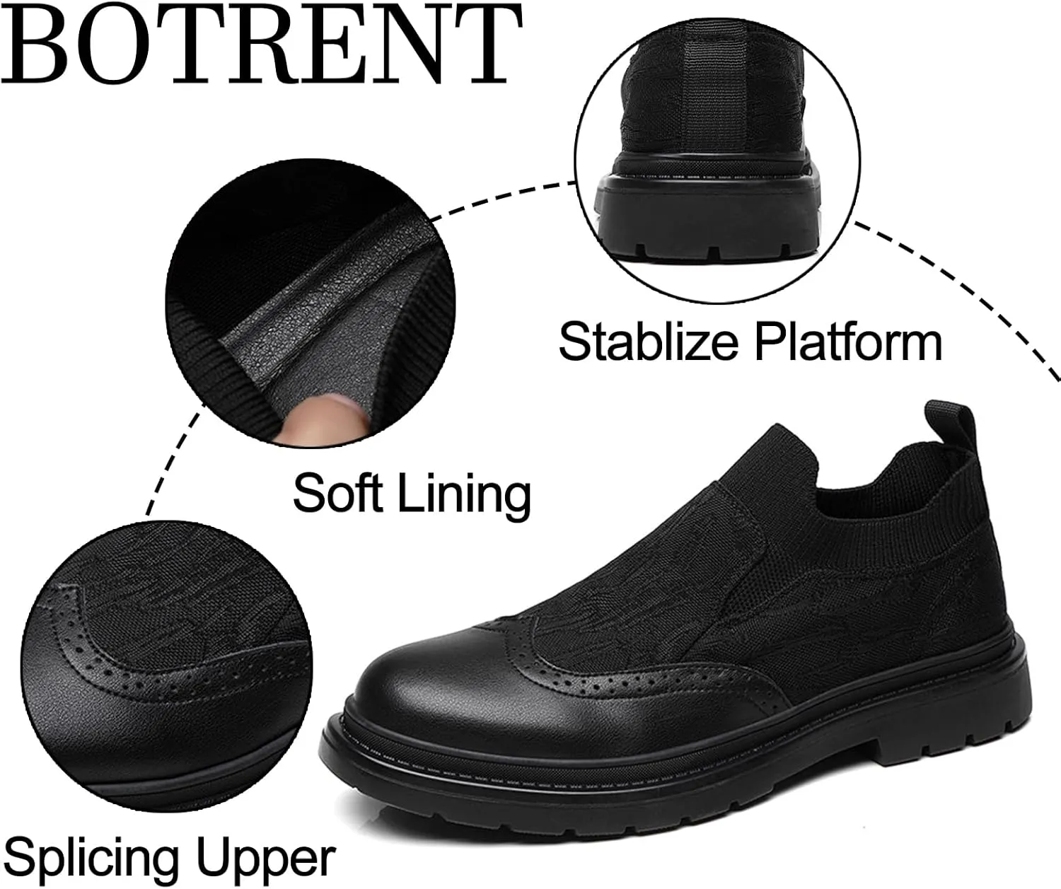 Men's Leather Splicing Platform Wingtip Loafers Luxury Round Toe Breathable Lug Sole Slip On Brogue Dress Shoes for Business Office Casual