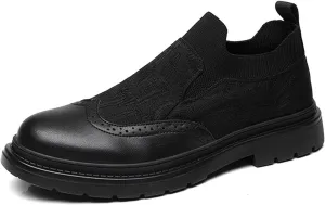 Men's Leather Splicing Platform Wingtip Loafers Luxury Round Toe Breathable Lug Sole Slip On Brogue Dress Shoes for Business Office Casual
