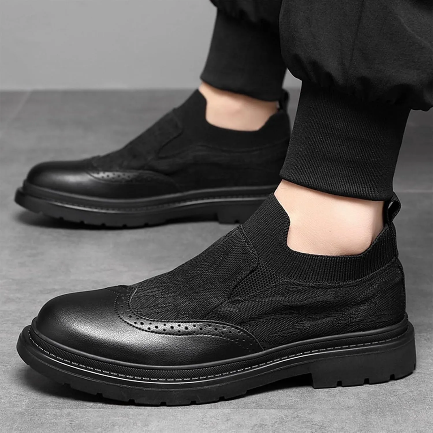 Men's Leather Splicing Platform Wingtip Loafers Luxury Round Toe Breathable Lug Sole Slip On Brogue Dress Shoes for Business Office Casual