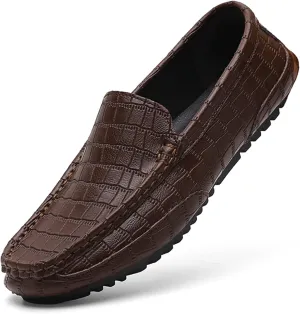 Men's Penny Loafers Crocodile Pattern Leather Loafers Soft Lightweight Black Slip-On Driving Moccasins Boat Shoes
