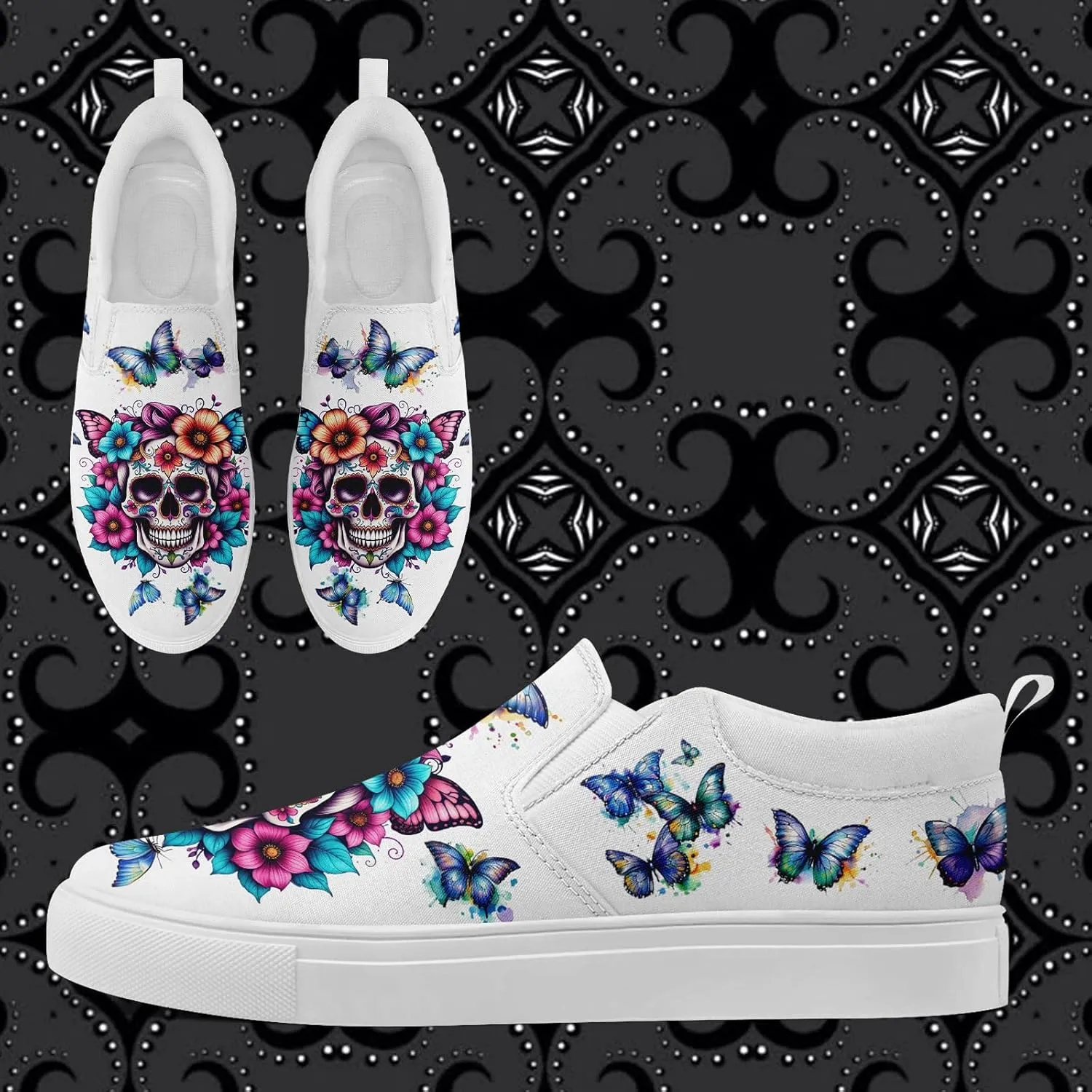 Men's Slip-On Canvas Shoes Gothic Skull Print Casual Lightweight Loafers Comfortable Walking Sneaker for Women