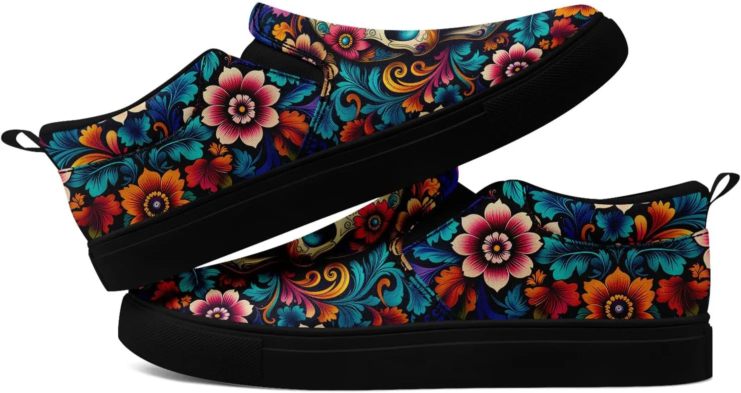 Men's Slip-On Canvas Shoes Gothic Skull Print Casual Lightweight Loafers Comfortable Walking Sneaker for Women