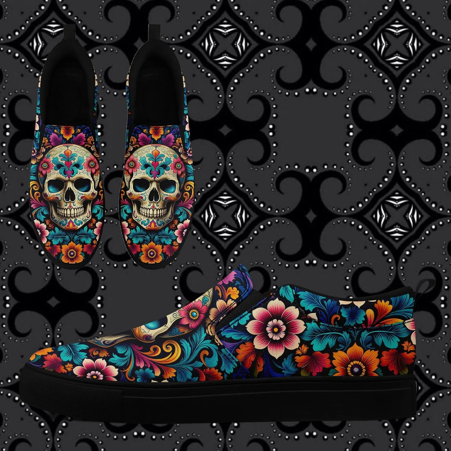 Men's Slip-On Canvas Shoes Gothic Skull Print Casual Lightweight Loafers Comfortable Walking Sneaker for Women