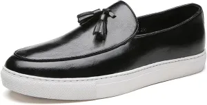 Men's Soft Leather Slip On Platform Loafers Fashion Round Toe Tassel Non-Slip Platform Business Casual Work Shoes for Party Wedding Office Dress Shoes