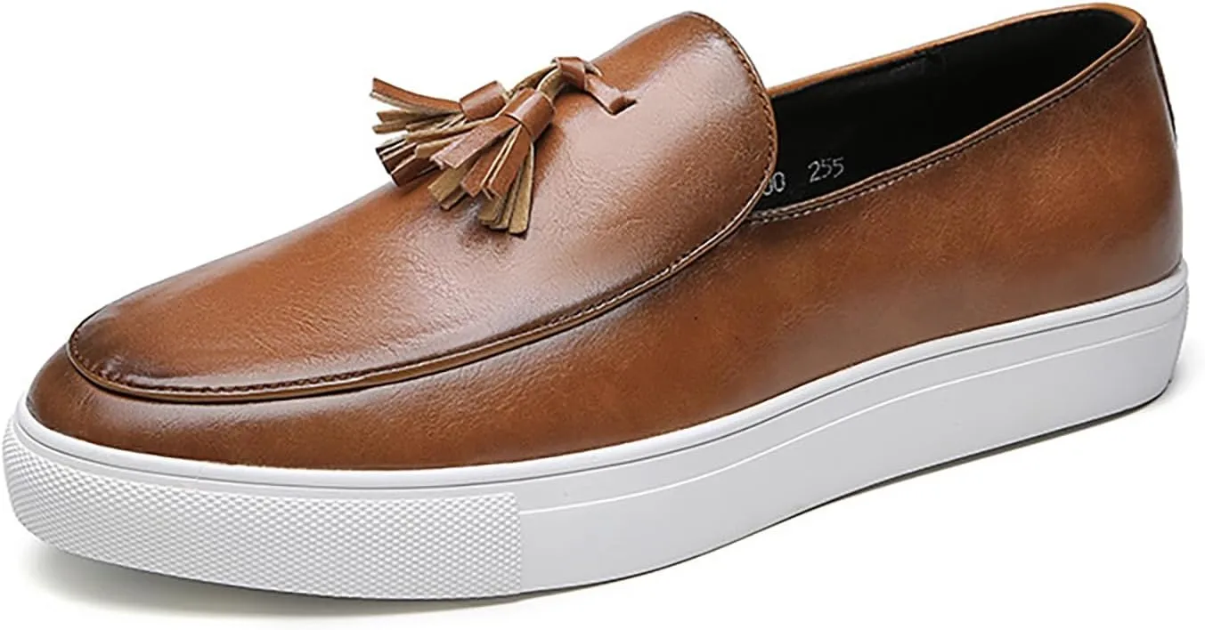 Men's Soft Leather Slip On Platform Loafers Fashion Round Toe Tassel Non-Slip Platform Business Casual Work Shoes for Party Wedding Office Dress Shoes