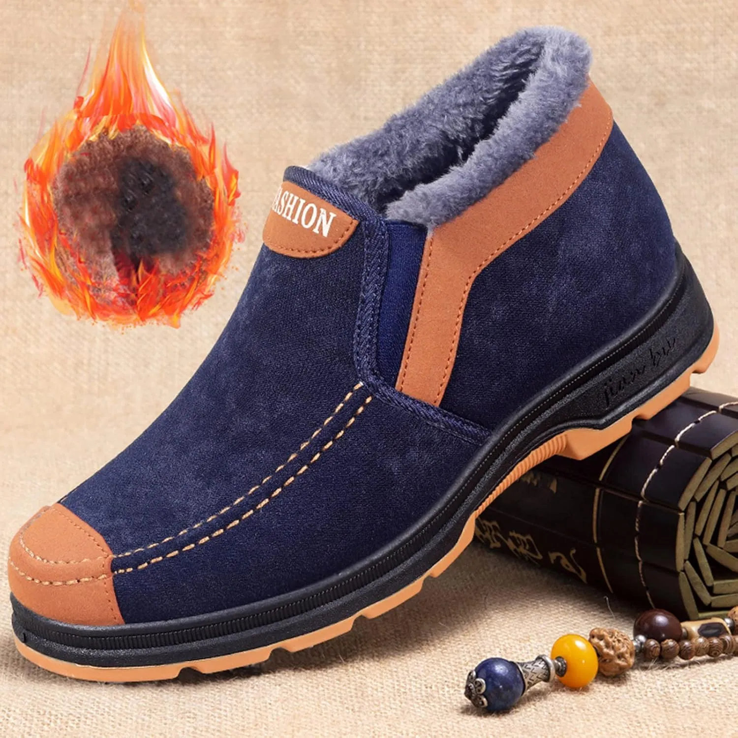 Men's Suede Ankle Boots Classic Slip On Furry Boots Fleece Lined Warm Winter Boots Non Slip Cold Proof Shoes