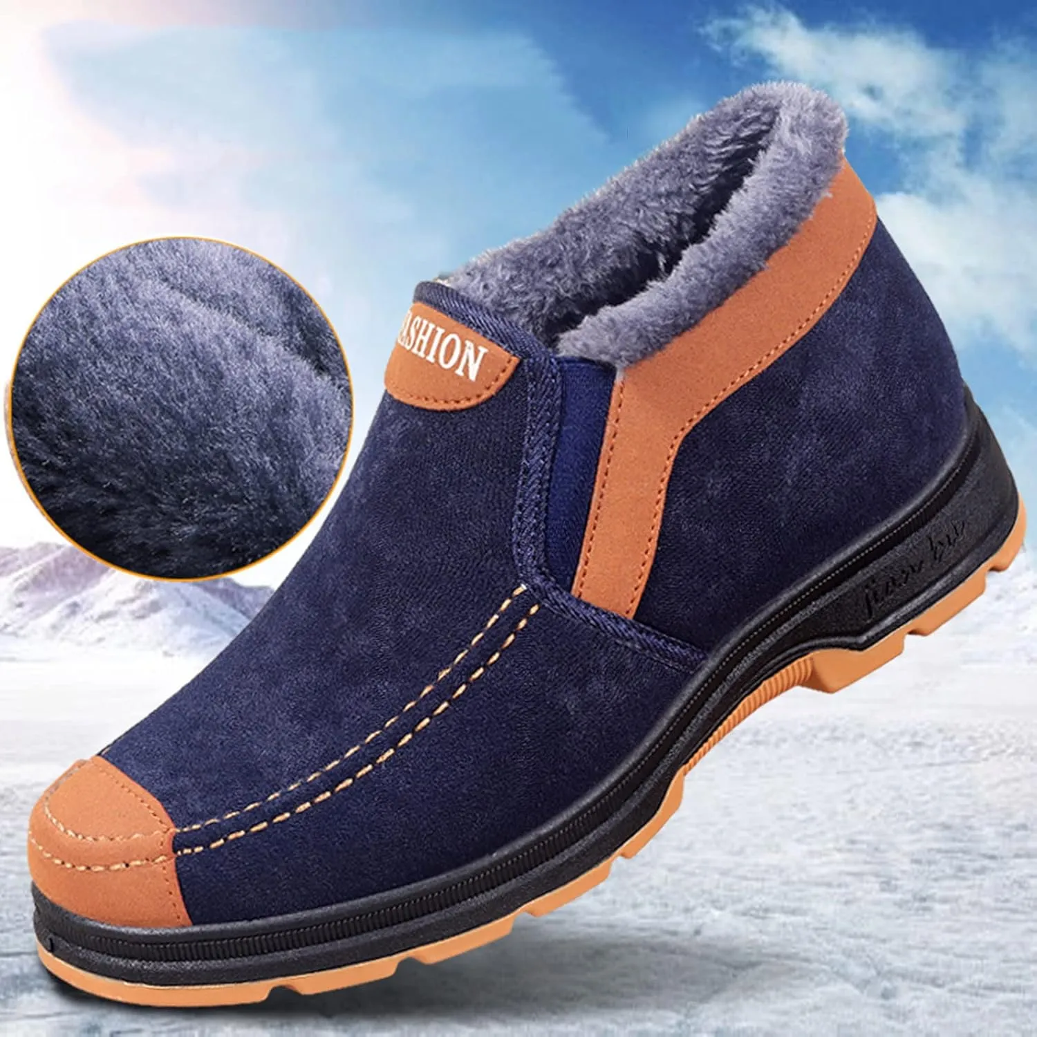 Men's Suede Ankle Boots Classic Slip On Furry Boots Fleece Lined Warm Winter Boots Non Slip Cold Proof Shoes