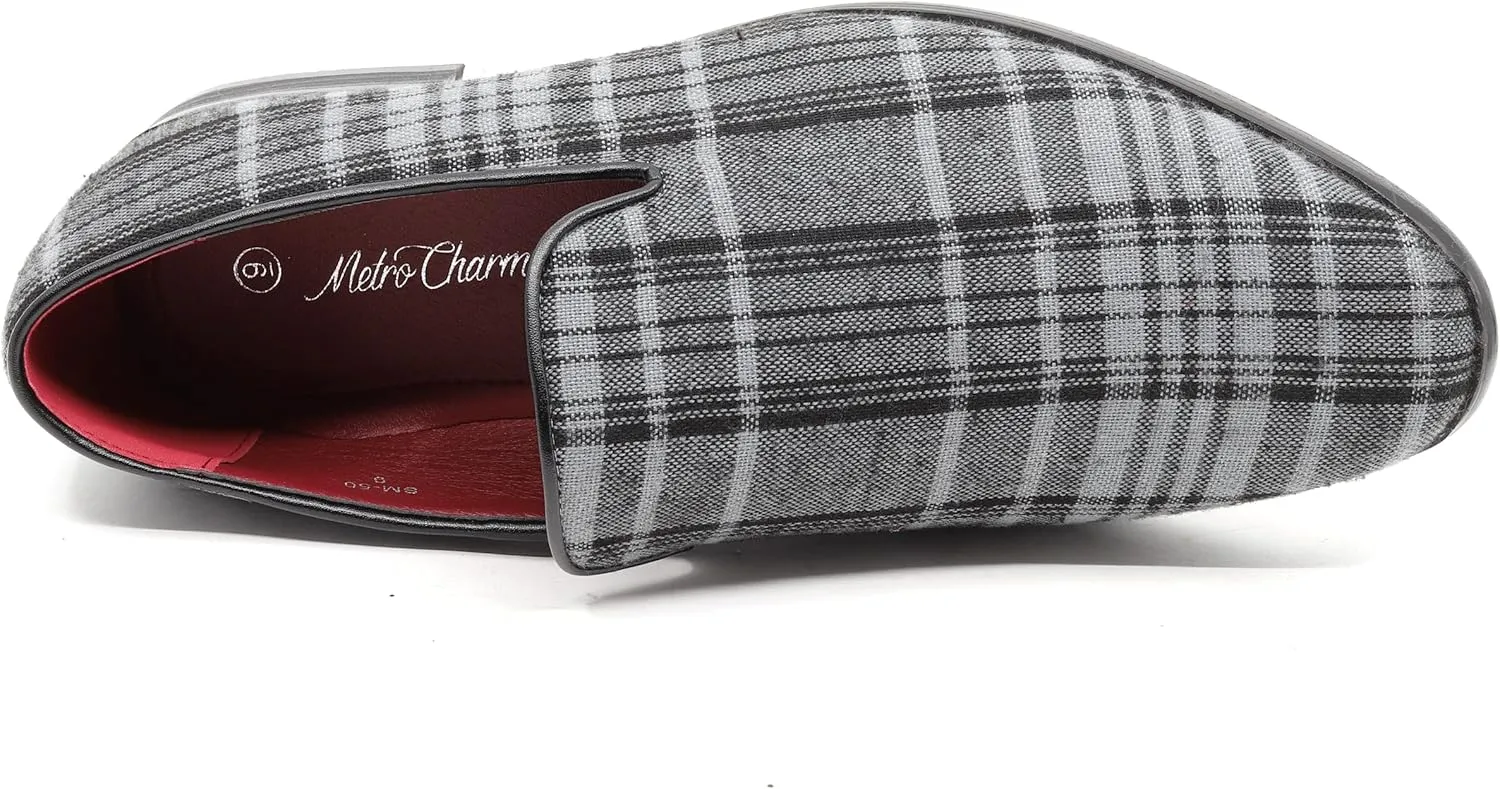 Men's Vintage Plaid Fashion Smoking Slipper Dress Tuxedo Loafers Slip On Shoes SM-50