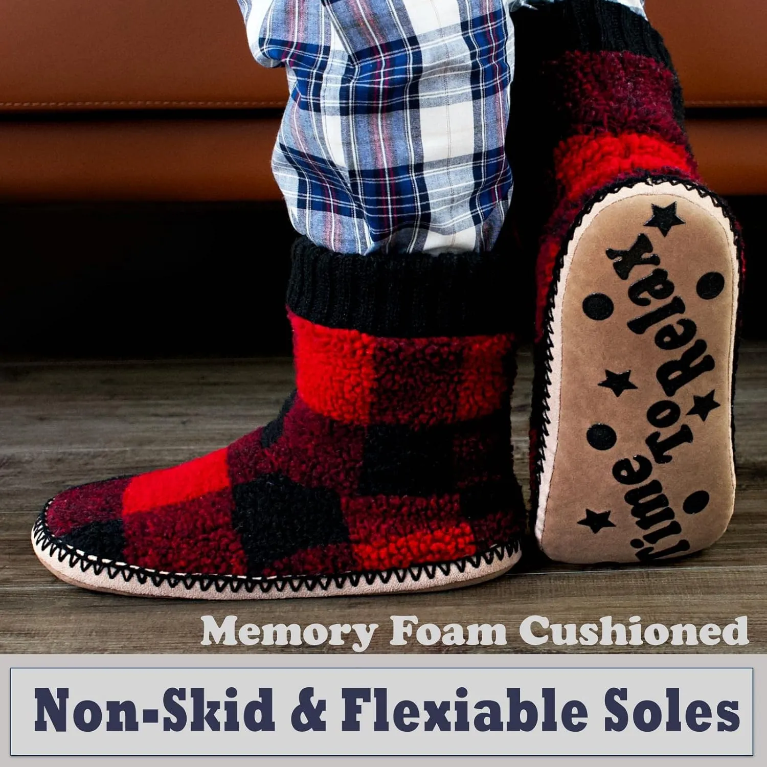 Men's Warm Up House Boots, Thick Fuzzy Sherpa Fleece Winter Moccasin Socks Non-slip Soles, Cozy Soft Comfy Indoor Shoes Rubber Grippers