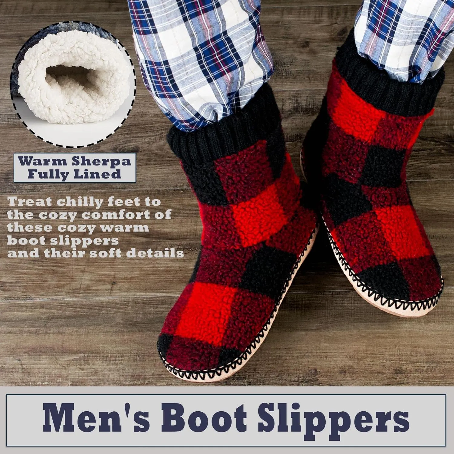 Men's Warm Up House Boots, Thick Fuzzy Sherpa Fleece Winter Moccasin Socks Non-slip Soles, Cozy Soft Comfy Indoor Shoes Rubber Grippers