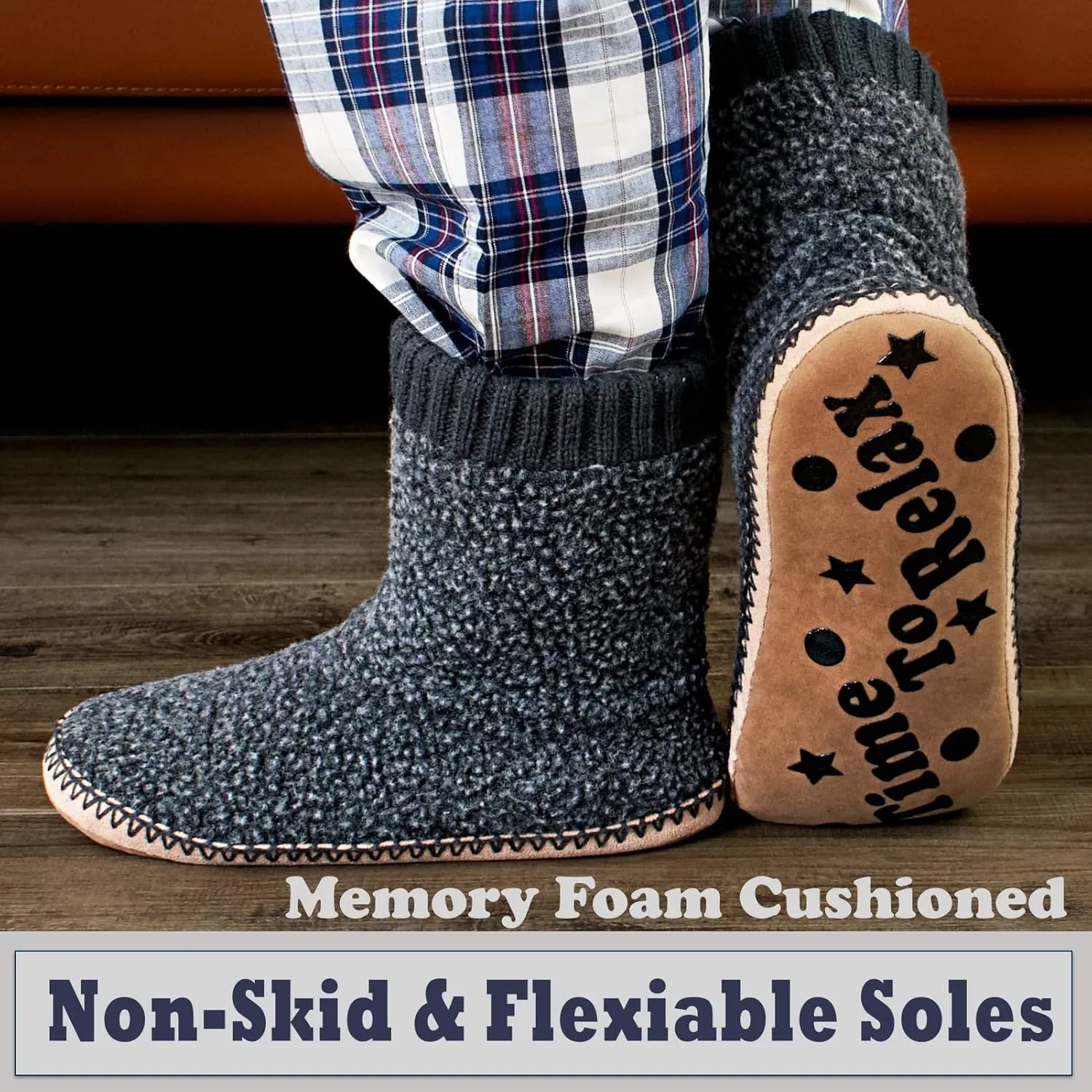 Men's Warm Up House Boots, Thick Fuzzy Sherpa Fleece Winter Moccasin Socks Non-slip Soles, Cozy Soft Comfy Indoor Shoes Rubber Grippers