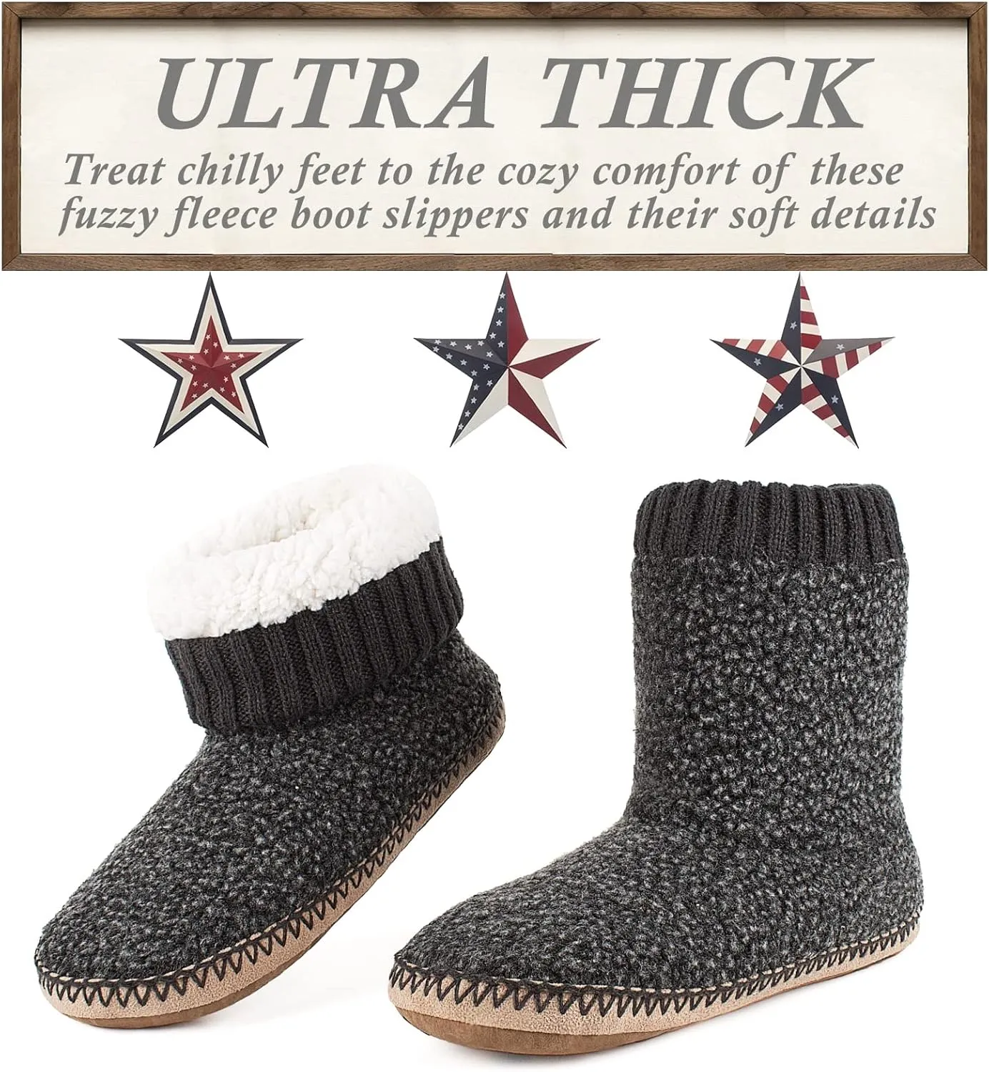 Men's Warm Up House Boots, Thick Fuzzy Sherpa Fleece Winter Moccasin Socks Non-slip Soles, Cozy Soft Comfy Indoor Shoes Rubber Grippers