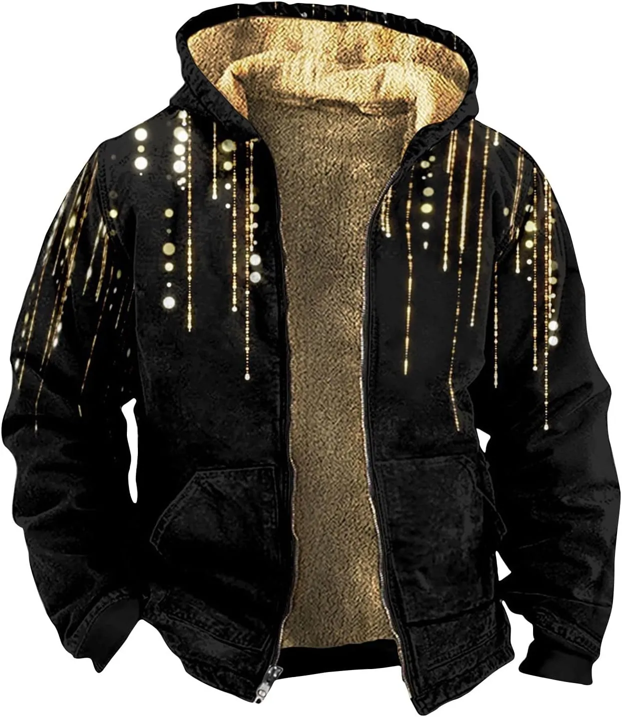 Men's Western Vintage Print Sherpa Fleece Lined Jackets Parka Warm Puffer Jacket Quilted Down Casual Hoodies Hooded