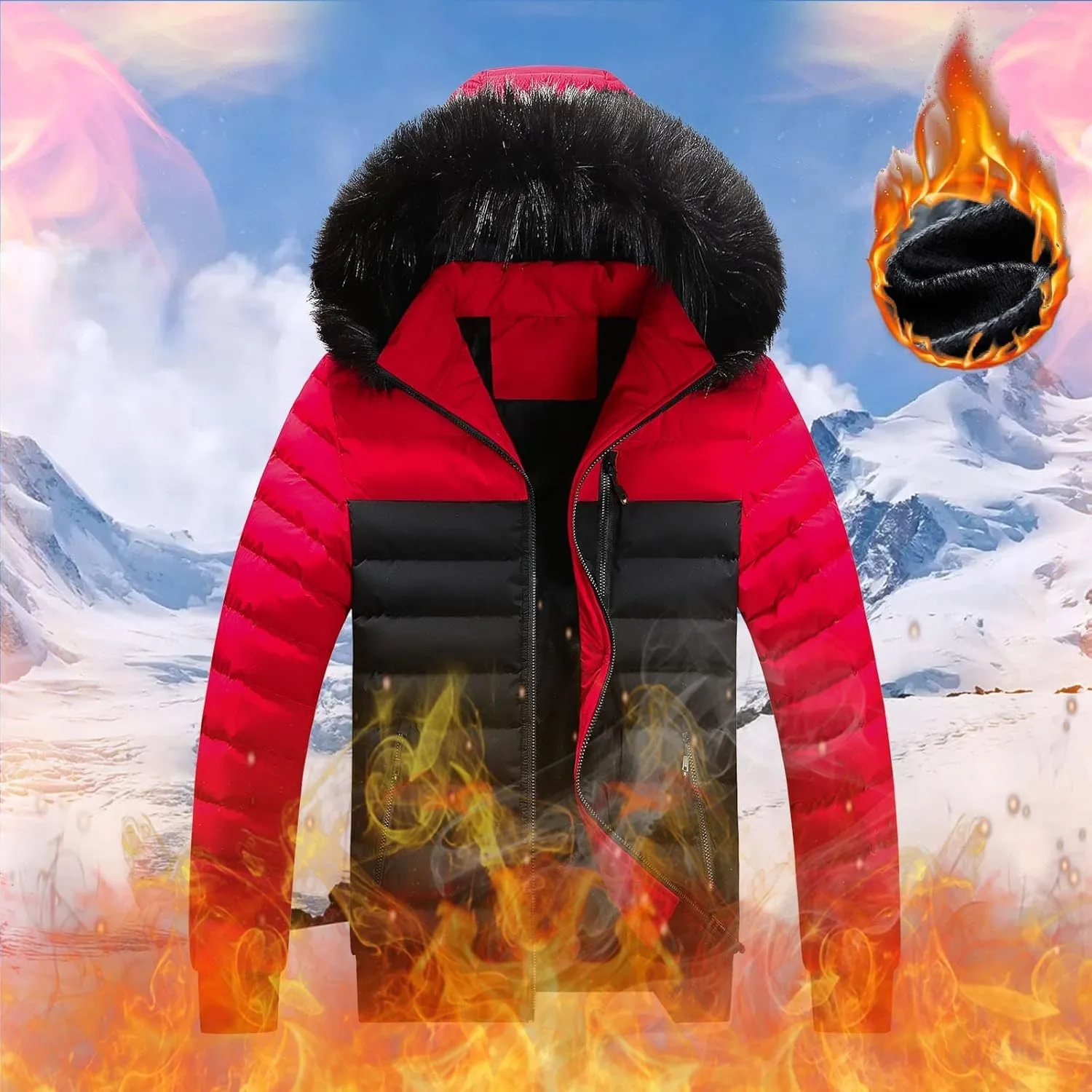 Mens Winter Jacket Warm Down Jacket Full Zip Puffer Jacket Quilted Insulated Jacket with Hood for Business