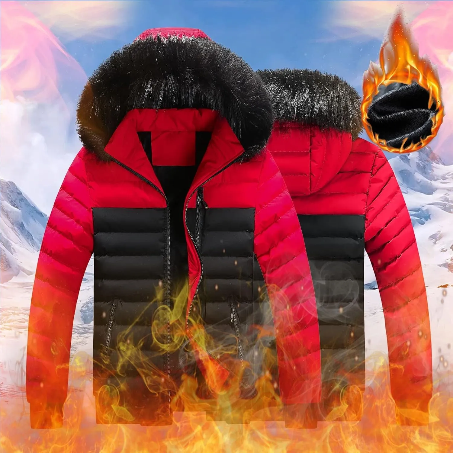 Mens Winter Jacket Warm Down Jacket Full Zip Puffer Jacket Quilted Insulated Jacket with Hood for Business