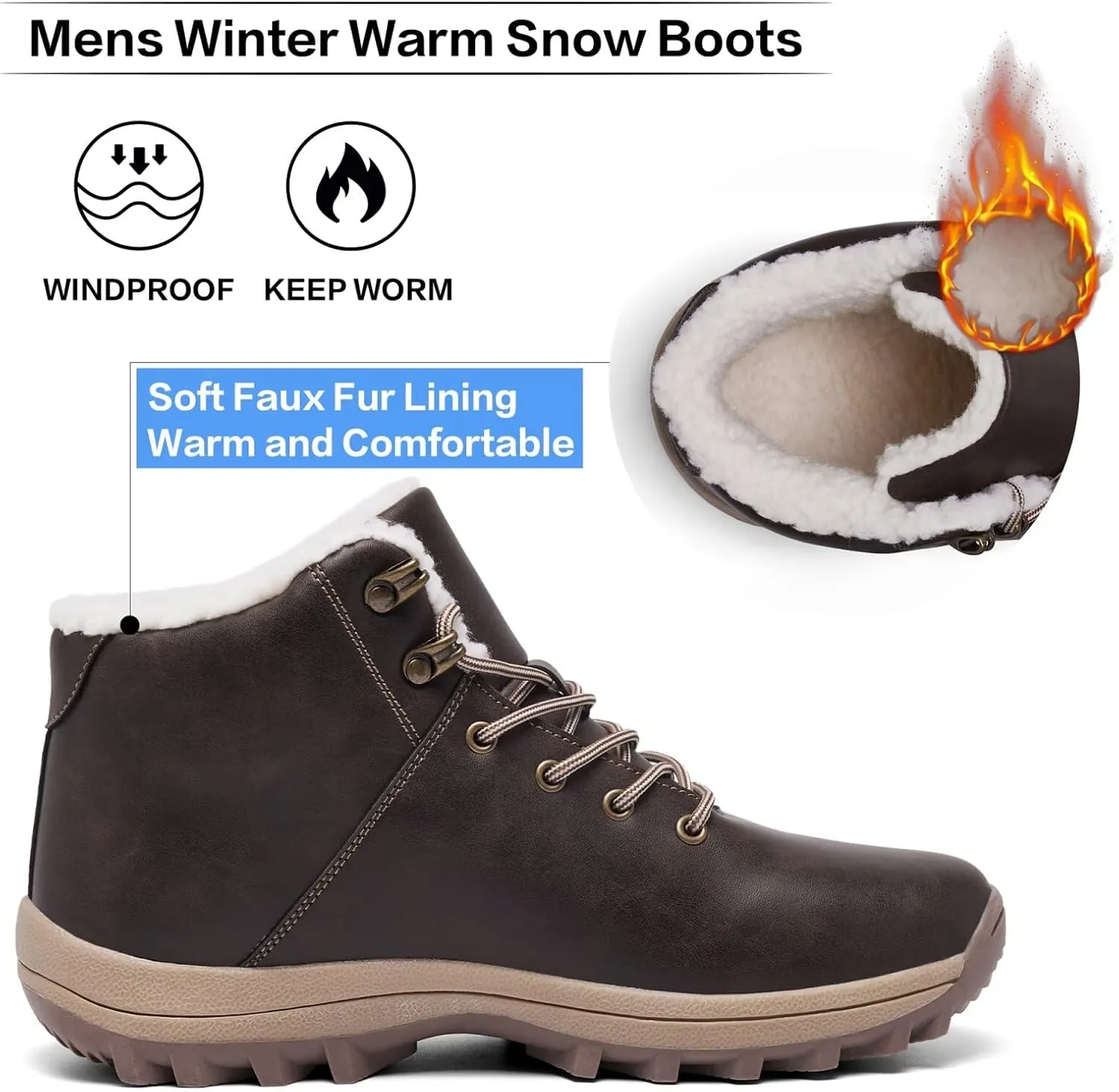 Mens Winter Warm Snow Boots Fur Lined Water Resistant Non-Slip Insulated Waterprof Winter Hiking Wrok Shoes
