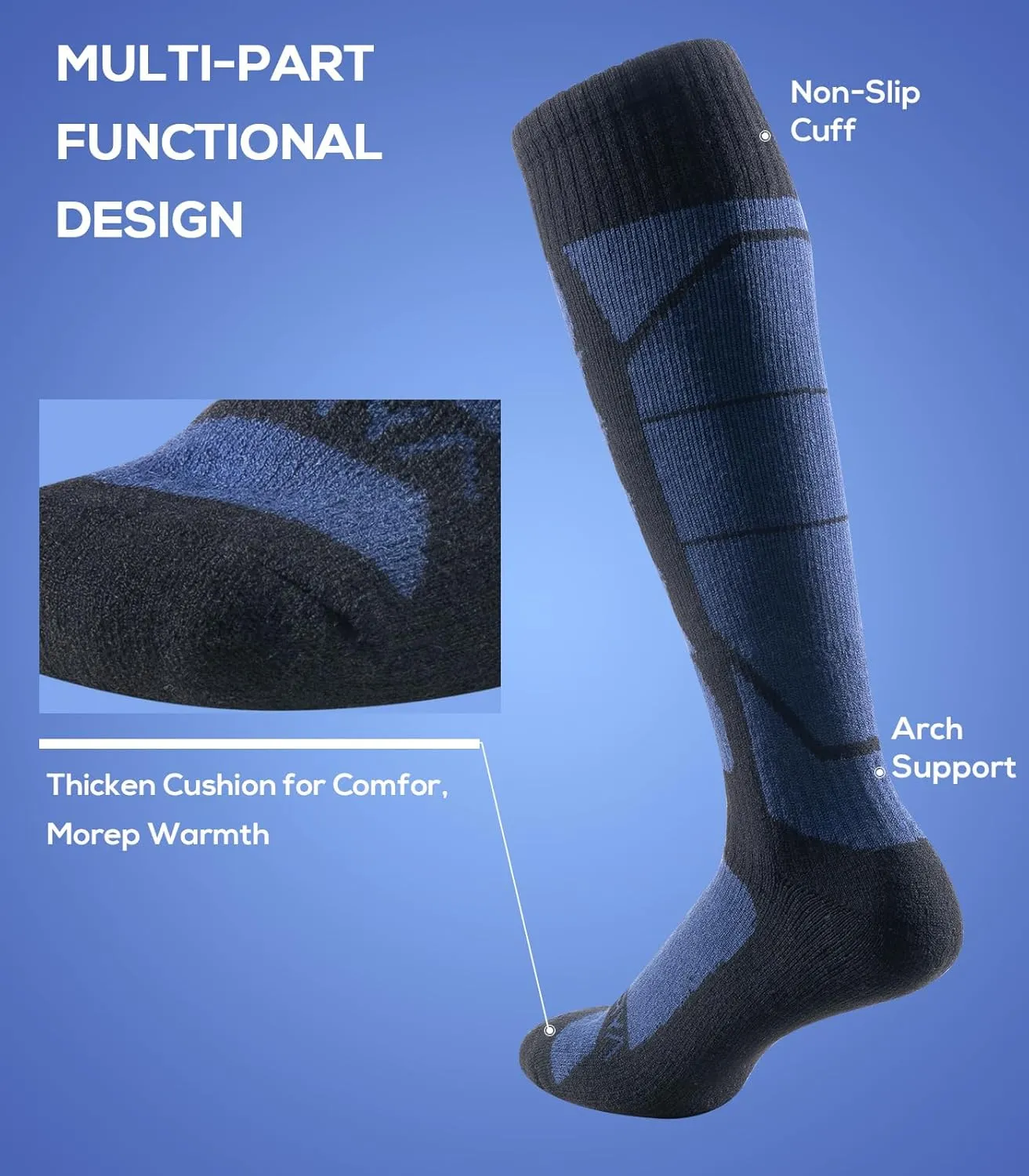 Merino Wool Socks for Skiing, Snowboarding, Winter Outdoors, Over the Calf, Warm Thermal Socks for Cold Weather