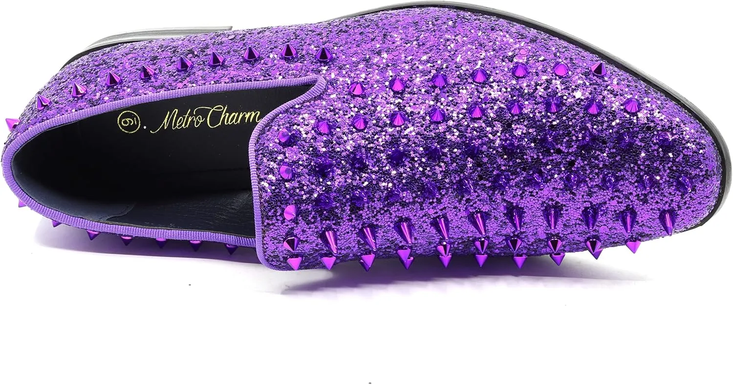 Metrocharm Men's Fashion Sparkly Smoking Spike Sequin Dress Tuxedo Loafers Slip On Shoes SM-16