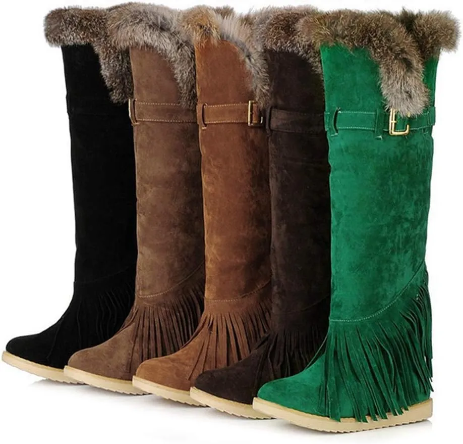 MIOKE Women's Winter Knee High Tall Snow Boots Fashion Buckle Fringe Waterproof Warm Fur Wide Calf Snow Boot