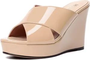 MODENCOCO Womens Casual Open Toe Heels Patent Slip On Platform Party Sexy Wedge High Heel Heeled Sandals 4 Inch