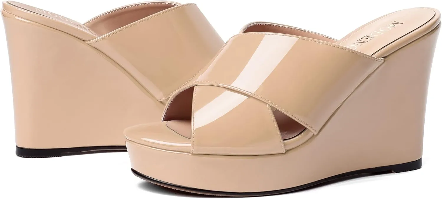 MODENCOCO Womens Casual Open Toe Heels Patent Slip On Platform Party Sexy Wedge High Heel Heeled Sandals 4 Inch