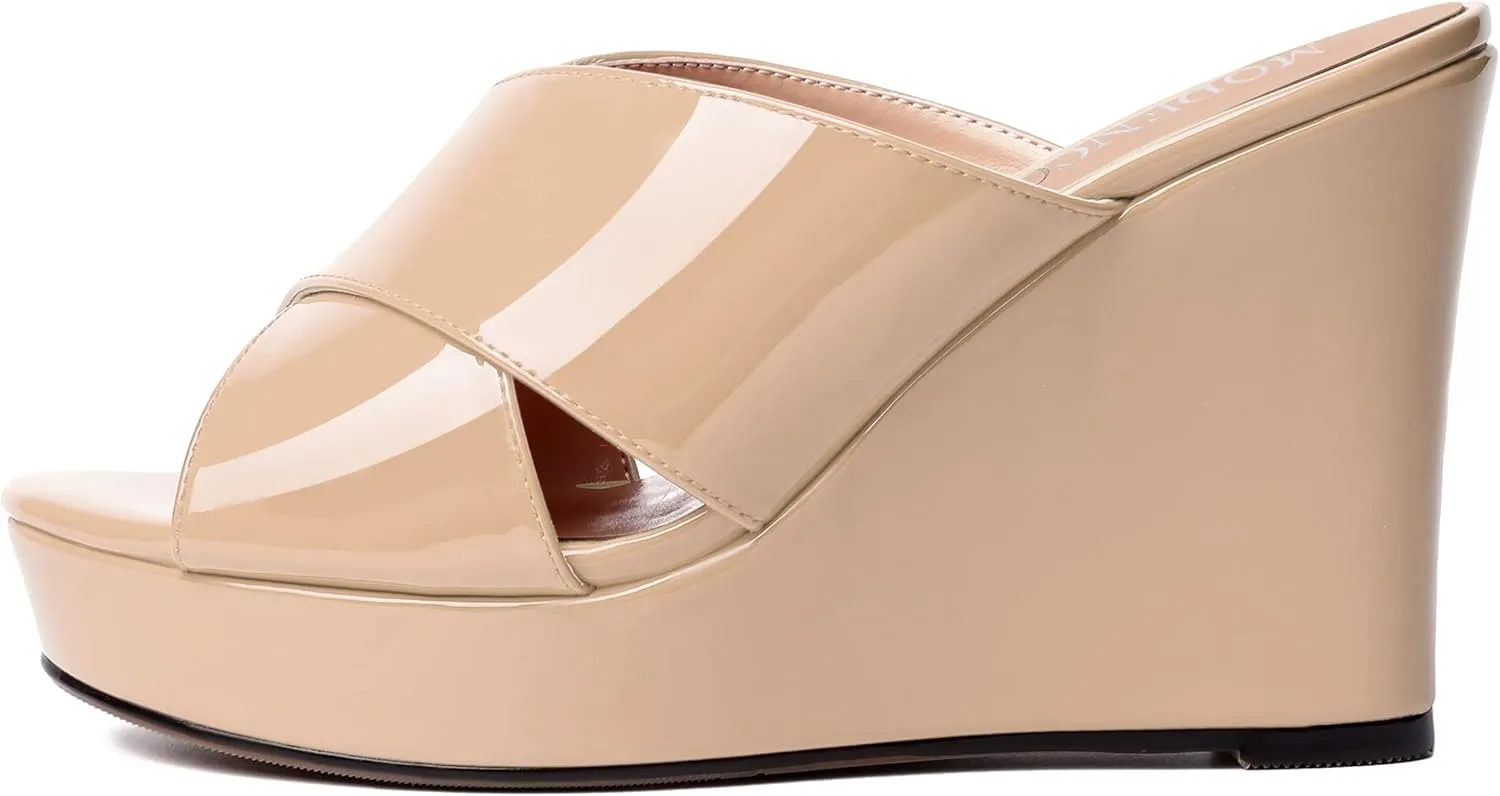 MODENCOCO Womens Casual Open Toe Heels Patent Slip On Platform Party Sexy Wedge High Heel Heeled Sandals 4 Inch