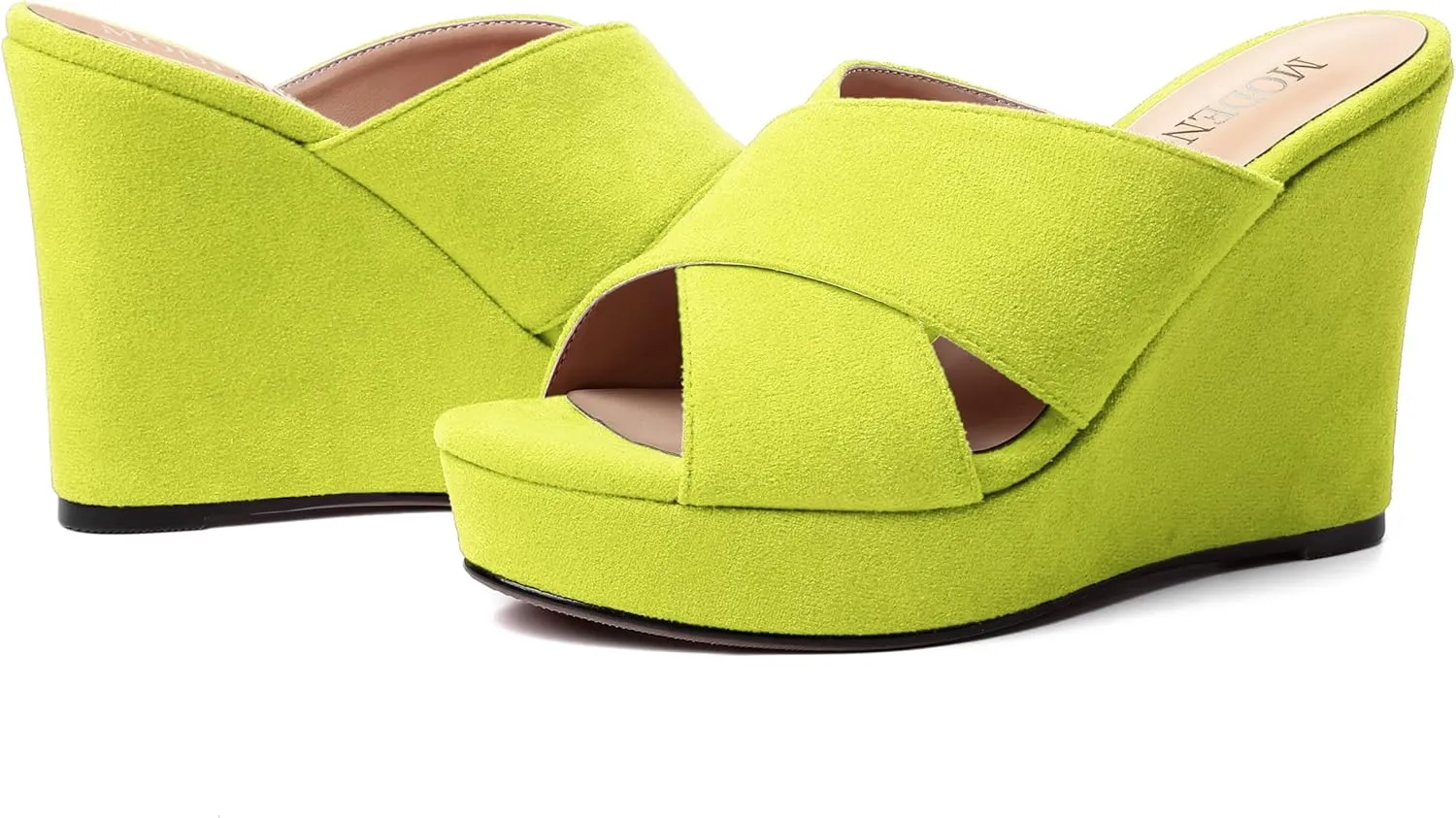 MODENCOCO Womens Suede Platform Slip On Open Toe Dressy Sexy Party Wedge High Heel Heeled Sandals 4 Inch