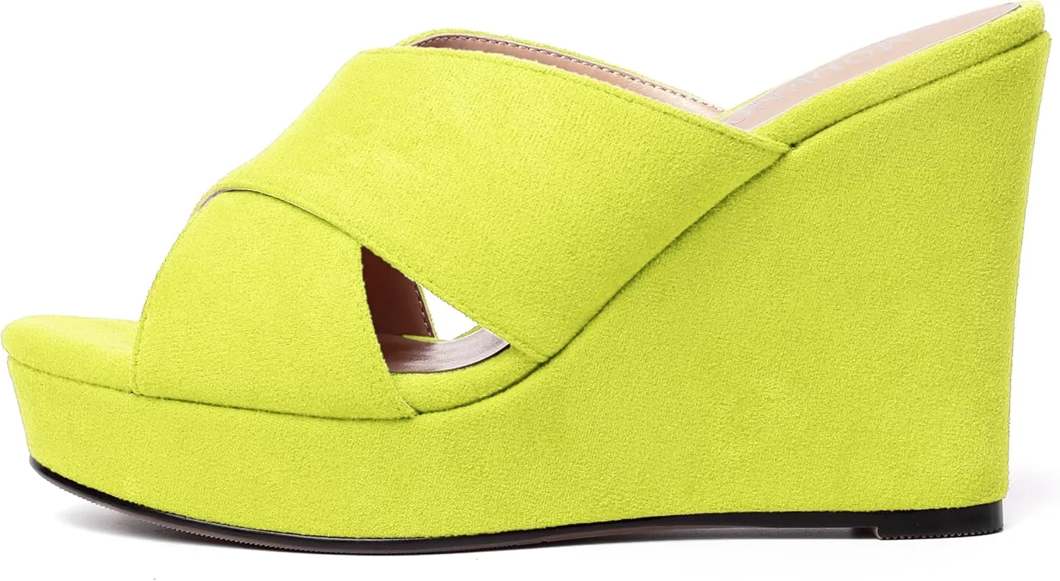 MODENCOCO Womens Suede Platform Slip On Open Toe Dressy Sexy Party Wedge High Heel Heeled Sandals 4 Inch