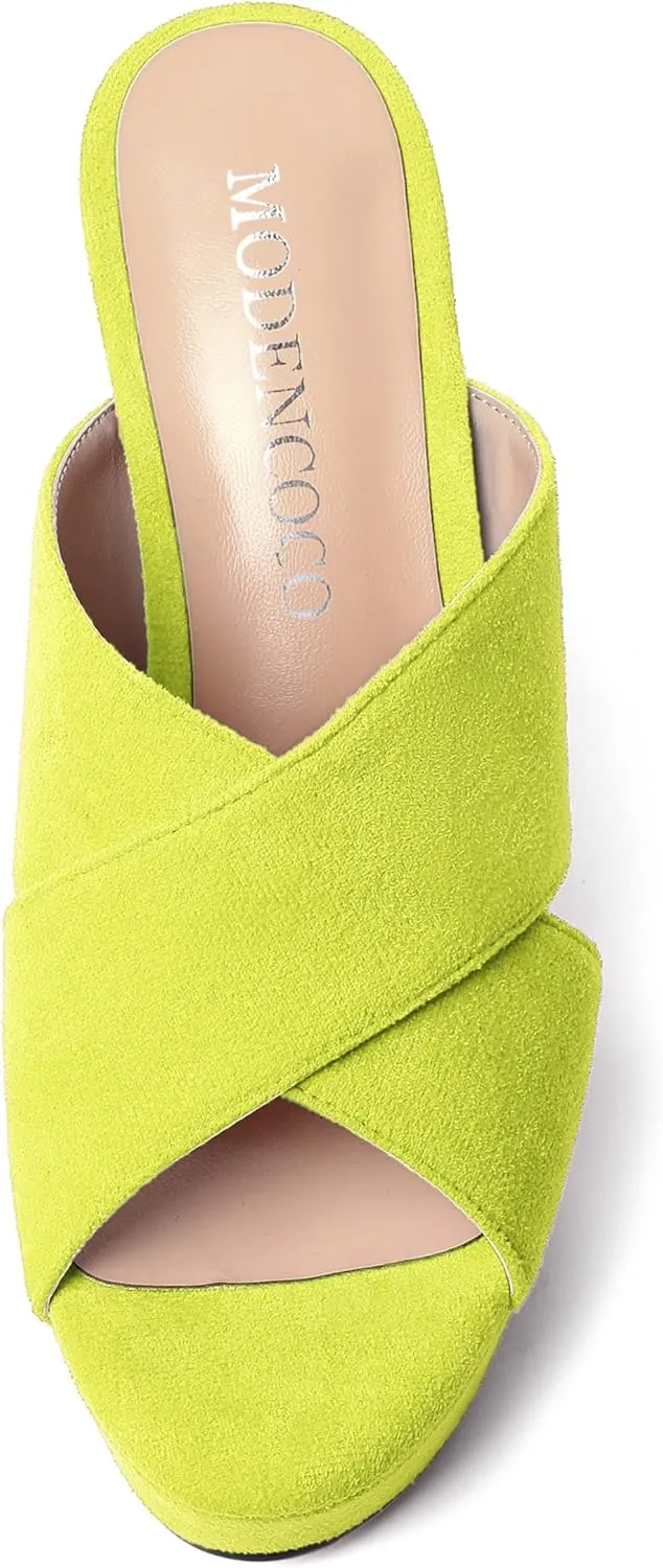 MODENCOCO Womens Suede Platform Slip On Open Toe Dressy Sexy Party Wedge High Heel Heeled Sandals 4 Inch