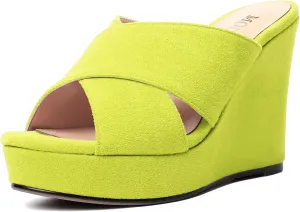 MODENCOCO Womens Suede Platform Slip On Open Toe Dressy Sexy Party Wedge High Heel Heeled Sandals 4 Inch