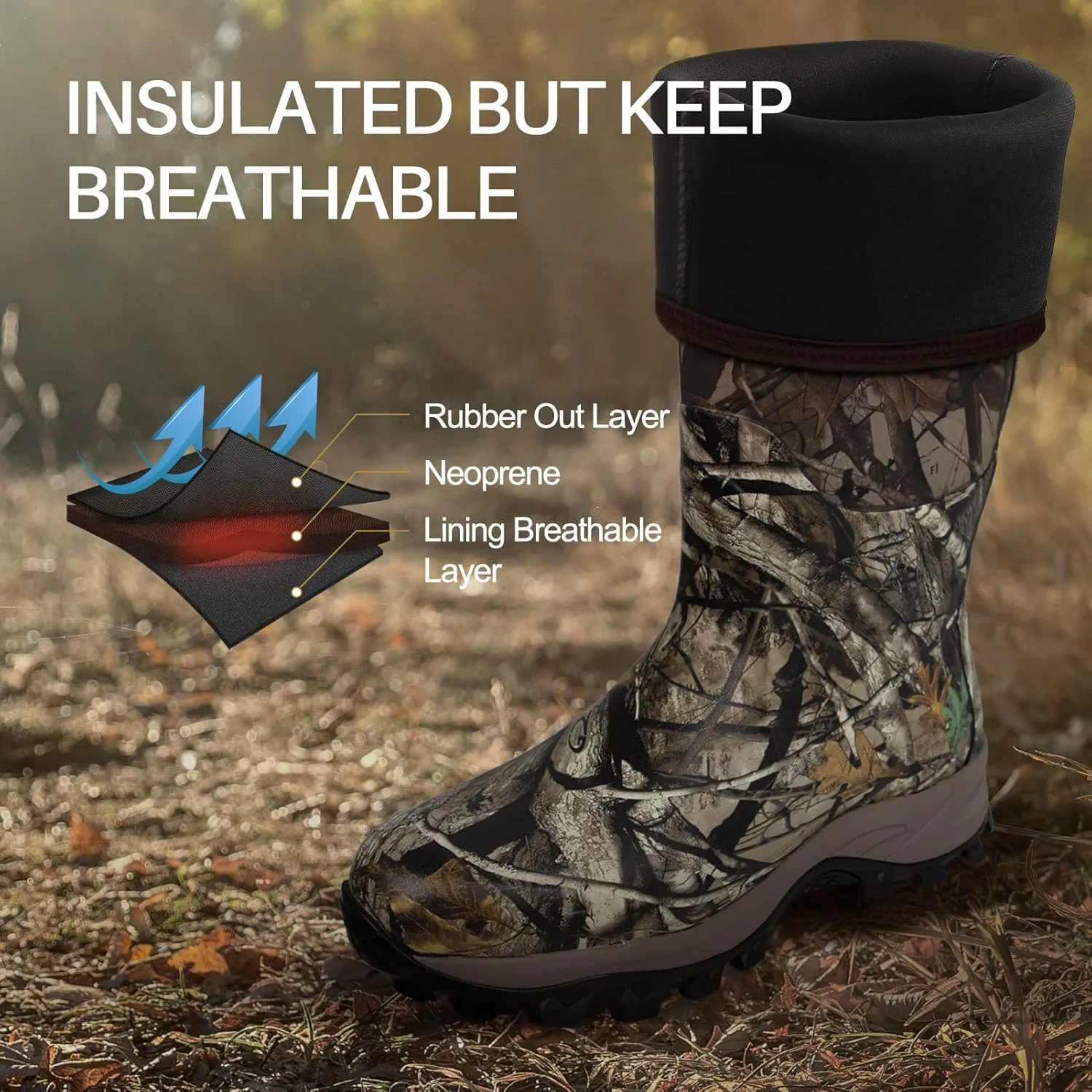 Obcursco Hunting Boots for Men, Waterproof Insulated 6mm Neoprene Rubber Boots for Hunting and Outdoor Activities (Camo)