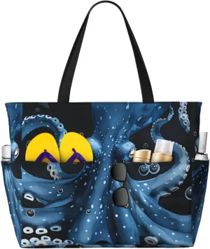 Octopus Print Large Beach Tote Bag Women Waterproof Sandproof Zipper Beach Tote Bag For Pool Gym Grocery Travel With Wet